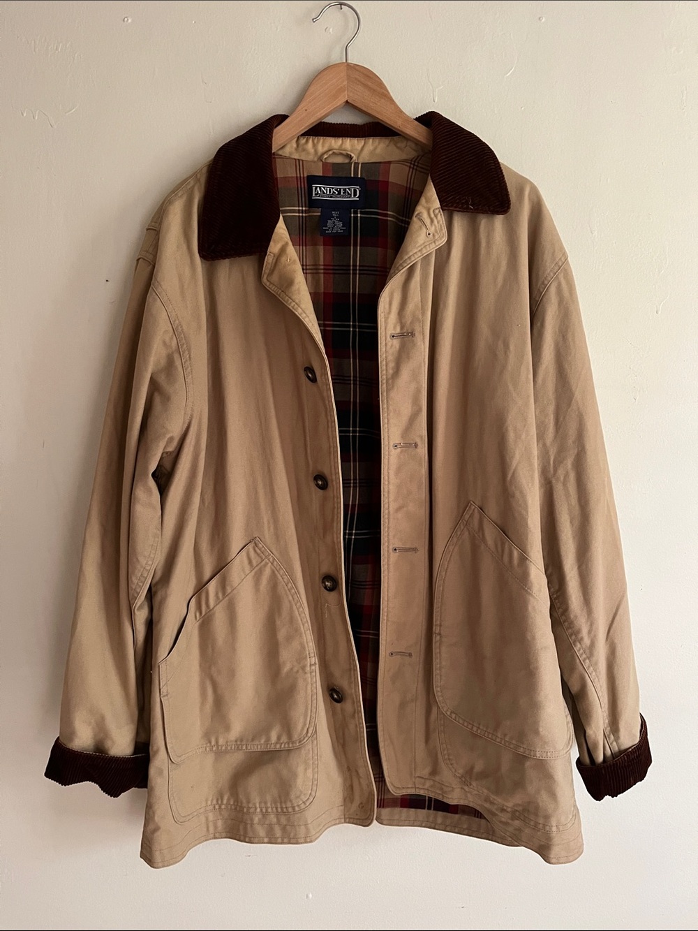 Lands' End Men's Tan Coat with Brown Corduroy Collar barn jacket